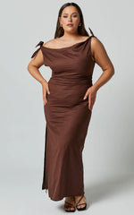 Cincinnati Midi Dress - Off The Shoulder Side Split Column Linen Dress in Chocolate