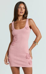 Elodie Mini Dress - Scoop Neck 3D Floral Knit Dress in Pale Pink