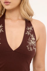 Motel Hepzhi Mini Dress Bitter Chocolate Floral Embroidery