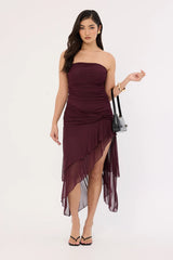 Luck & Trouble Malia Strapless Asymmetrical Midi Dress Plum