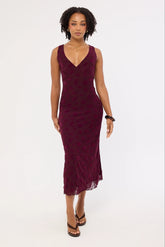 Luck & Trouble Gia Flocked Midi Dress Dark Burgundy