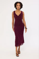 Luck & Trouble Gia Flocked Midi Dress Dark Burgundy