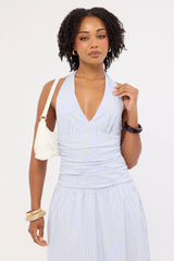 Perfect Stranger Skye Stripe Halter Maxi Dress Blue Stripe