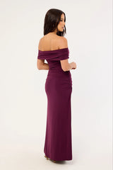 Perfect Stranger Rosetta Off Shoulder Maxi Dress Plum