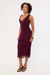Luck & Trouble Gia Flocked Midi Dress Dark Burgundy