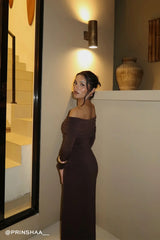 Perfect Stranger Rosetta Off Shoulder Long Sleeve Maxi Dress Ash Brown