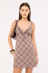 Luck & Trouble Alina Chiffon Mini Dress Brown Plaid