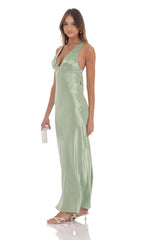 Satin V-Neck Maxi Dress in Sage