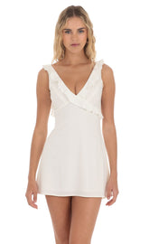 Ruffle V-Neck Dress in White