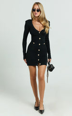 Nikka Mini Dress - Long Sleeve V Neck Bodycon Knit Dress in Black