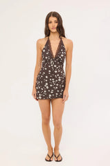 Luck & Trouble Honeybloom Halter Mini Dress Brown