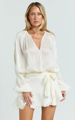 Carmela Mini Dress - Long Sleeve Tie Neck Ruffle Skirt Dress in Off White