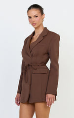 Harlee Mini Dress - Belted Cinch Waist Blazer Dress in Mocha