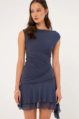 Luck & Trouble Sammy Off Shoulder Asymmetrical Mini Dress Slate