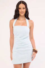 Perfect Stranger Claire Linen Halter Mini Dress Blue