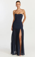 Jocelyn Maxi Dress - Strapless Ruched Fit And Flare Dress in Navy