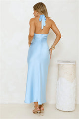 Undeniably Magnetic Halter Satin Maxi Dress Blue