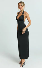 Chloe Midi Dress - Halter Neck Hardware Detail Dress in Black