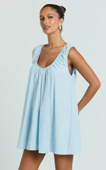 Lucinda Mini Dress - Deep U Gathered Neck Smock Dress in Pale Blue