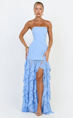 Selani Maxi Dress - Strapless Bodice Ruffle Hem Dress in Sky Blue