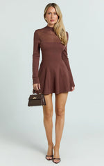 Camilla Mini Dress - Turtle Neck Fit And Flare Sheer Contrast Knit Dress in Chocolate