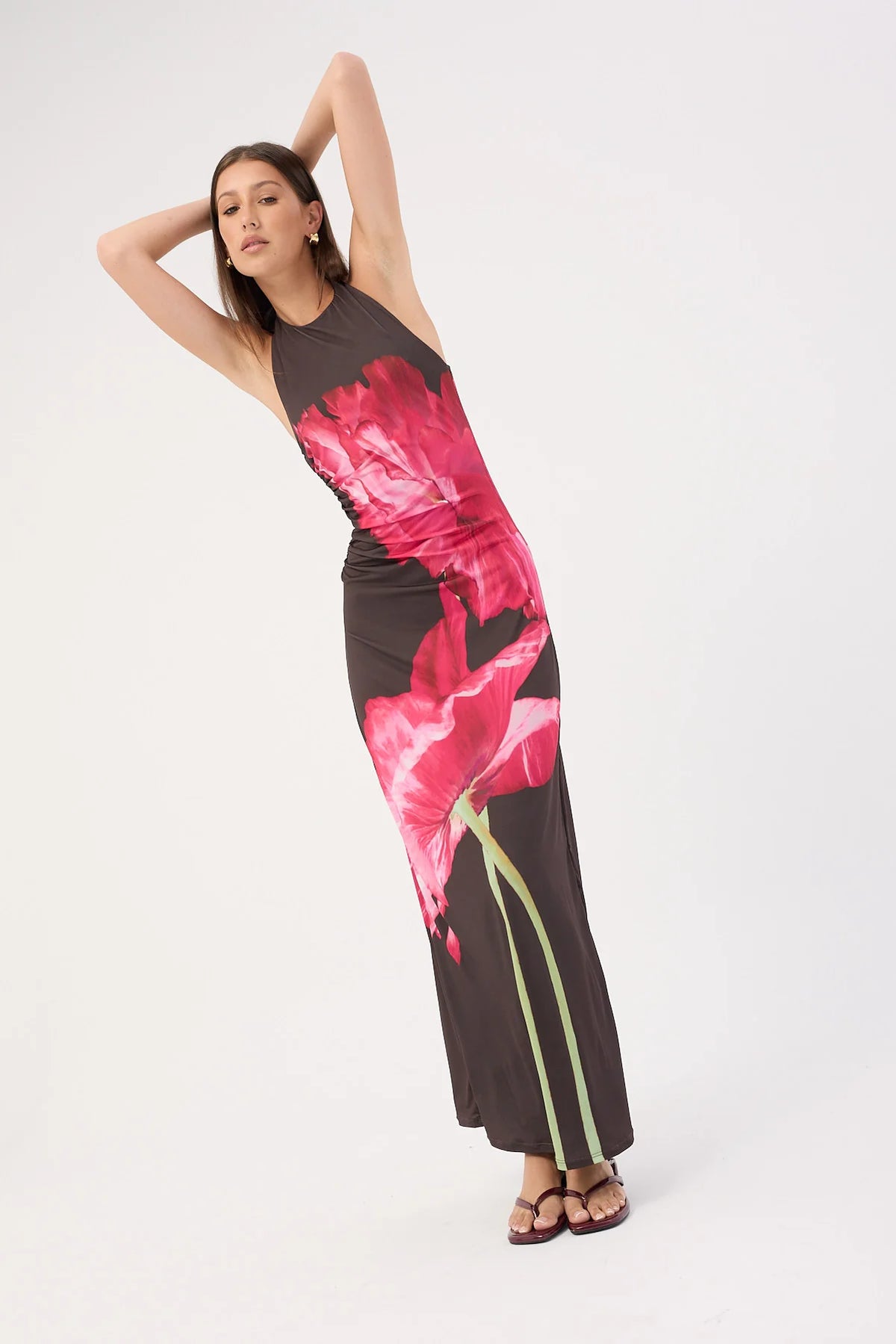 Perfect Stranger Full Bloom High Neck Maxi Dress Brown Print