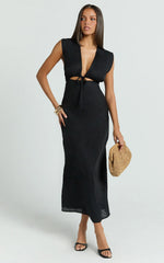 Beatrice Midi Dress - Plunge Neck Tie Cut Out Front Dress in Black