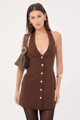 Perfect Stranger Halter Suiting Vest Mini Dress Brown