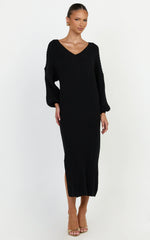 Kartia Midi Dress - V Neck Knit Dress in Black