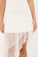 Luck & Trouble Malia Polka Strapless Asymmetrical Midi Dress White