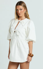 Shailene Mini Dress - Tie Front Puff Sleeve Recycled Denim Dress in Ecru