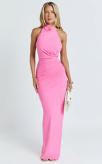 Francis Maxi Dress - Halter Ruched Backless Dress in Pink