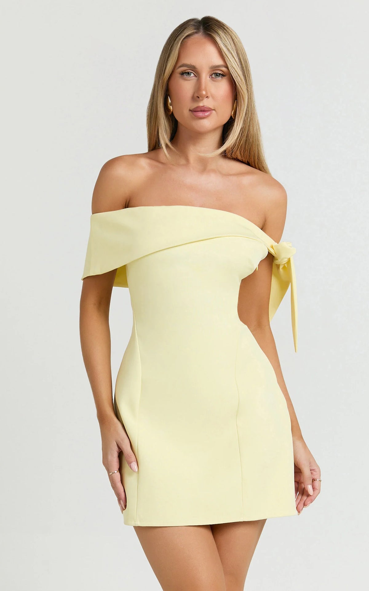 Cecilia Mini Dress - Off Shoulder Tie Detail Dress in Lemon