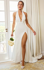 Miranda Maxi Dress - Plunge Halter Fit And Flare Dress in Off White