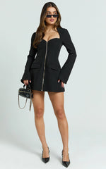 Lausanne Mini Dress - Sweetheart Neck Long Sleeve Zip Front Tulip Dress in Black