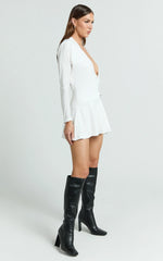 Cannes Mini Dress - Jersey Wrap Hardware Detail Flounce Skirt Dress in Off White