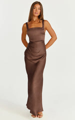 Rumi Maxi Dress - Ruched Bodice Satin Dress in Chocolate