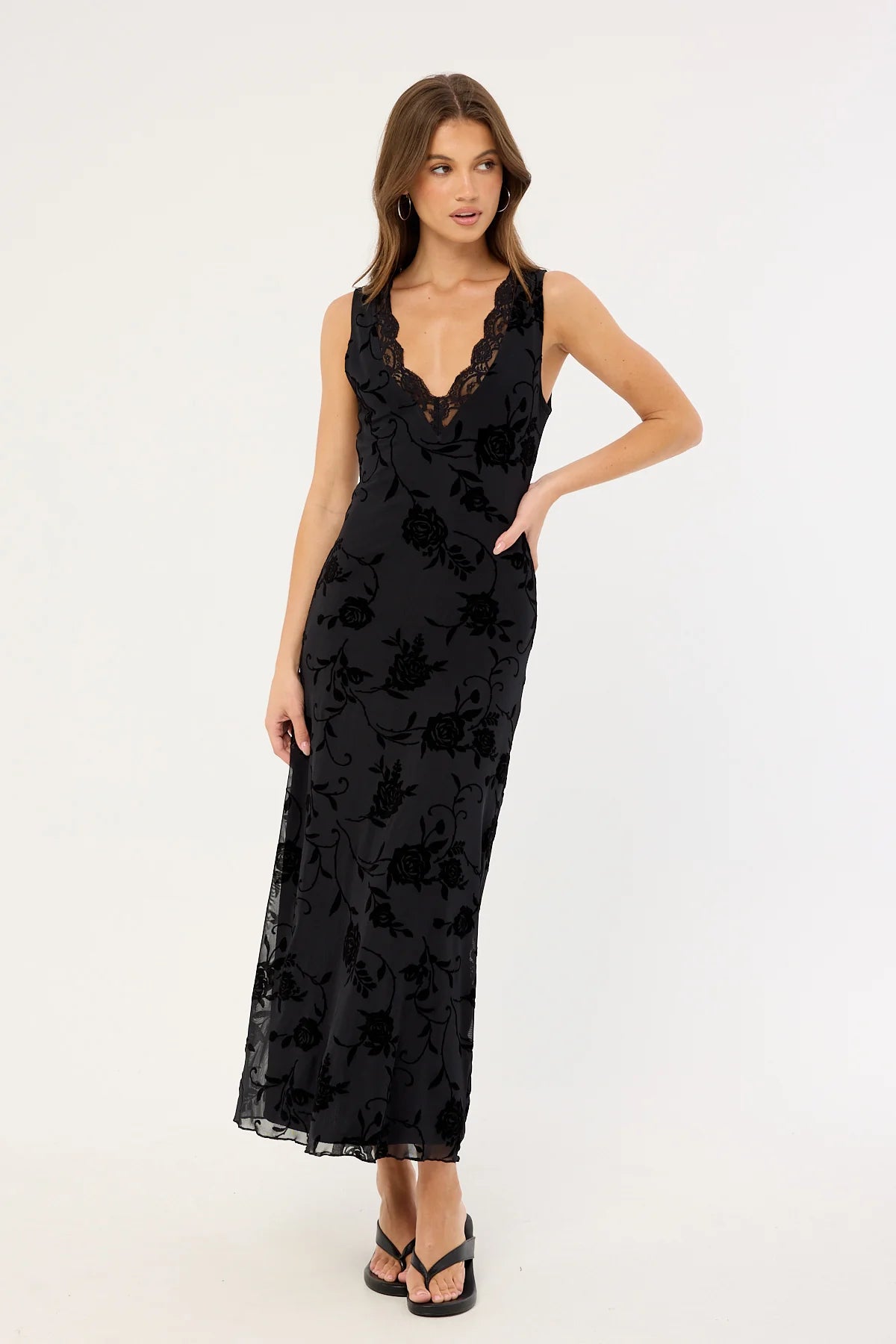 Motel Saga Midi Dress Rose Flock Black