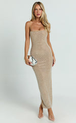 Terri Midi Dress - Diamante Square Neck Bodycon Dress in Nude