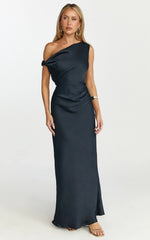 Lira Maxi Dress - One Shoulder Satin Dress in Navy