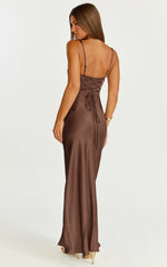 Rumi Maxi Dress - Ruched Bodice Satin Dress in Chocolate