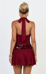 Evianne Mini Dress - Cowl Neck Sequin Drop Waist Halter Dress in Wine