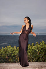 Luck & Trouble Rietta Lace Halter Maxi Dress Dark Brown