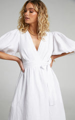Amalie The Label - Franc Linen Puff Sleeve Wrap Midi Linen Dress - In White