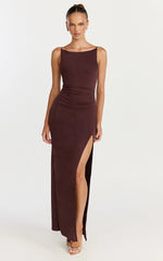 Audette Maxi Dress - Boat Neck Ruched Fitted Dress in Chocolate