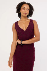 Luck & Trouble Gia Flocked Midi Dress Dark Burgundy