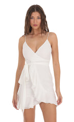 Wrap Ruffle Dress in White