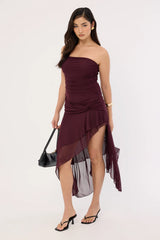 Luck & Trouble Malia Strapless Asymmetrical Midi Dress Plum