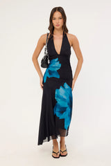 Perfect Stranger Belle Halter Midi Dress Blue Print