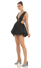 Plunge V Bubble Skirt Dress in Black